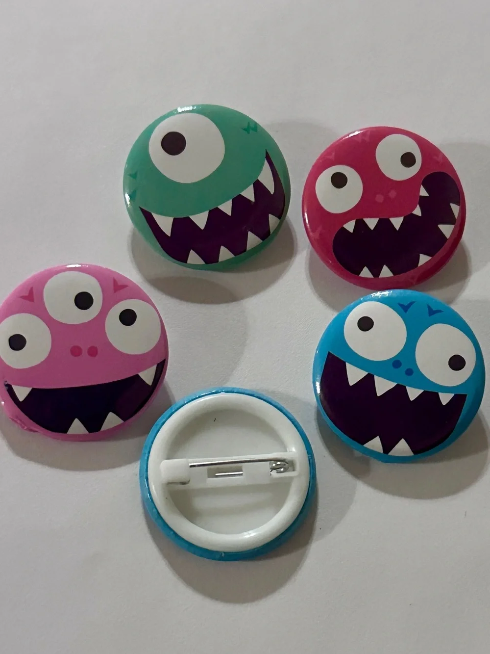 Set of 5 Colorful Monster Buttons - Pink, Green, Red, Blue - Prizes Favors Gifts